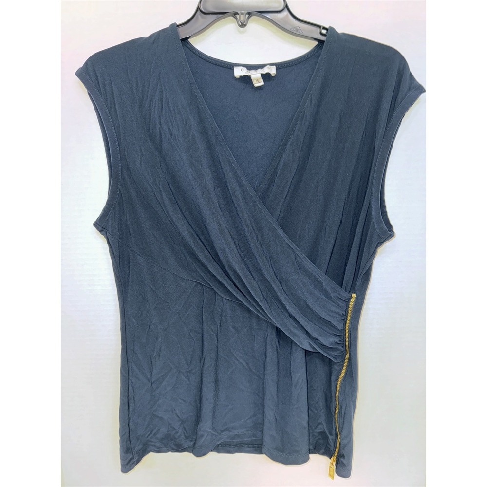 Chaus New York Shirt Women's Size Large Navy Blue Gold Zipper V Neck Blouse
